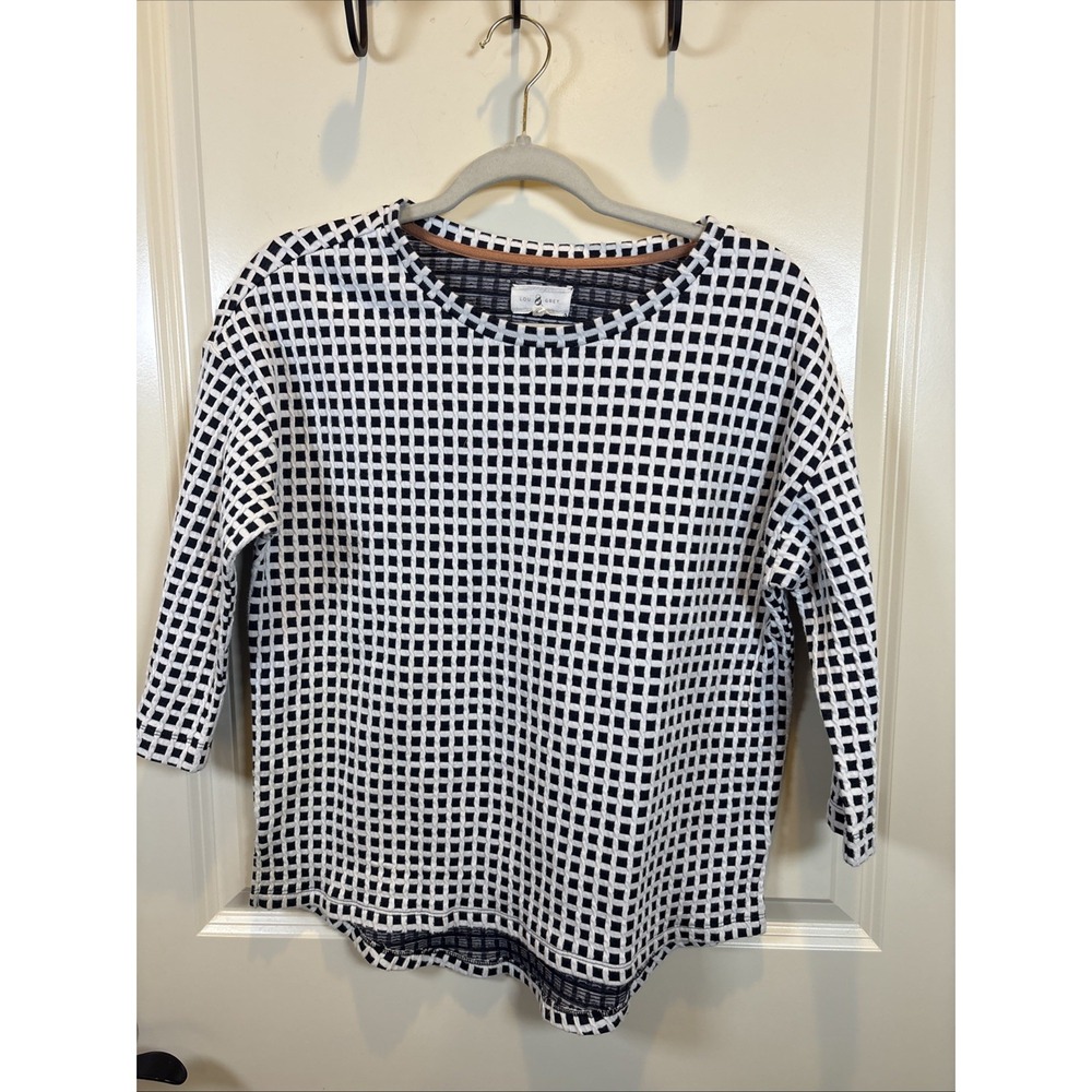 Lou & Grey Black White Grid Pattern Textured Hi-Low Hem Blouse Top Medium Shirt